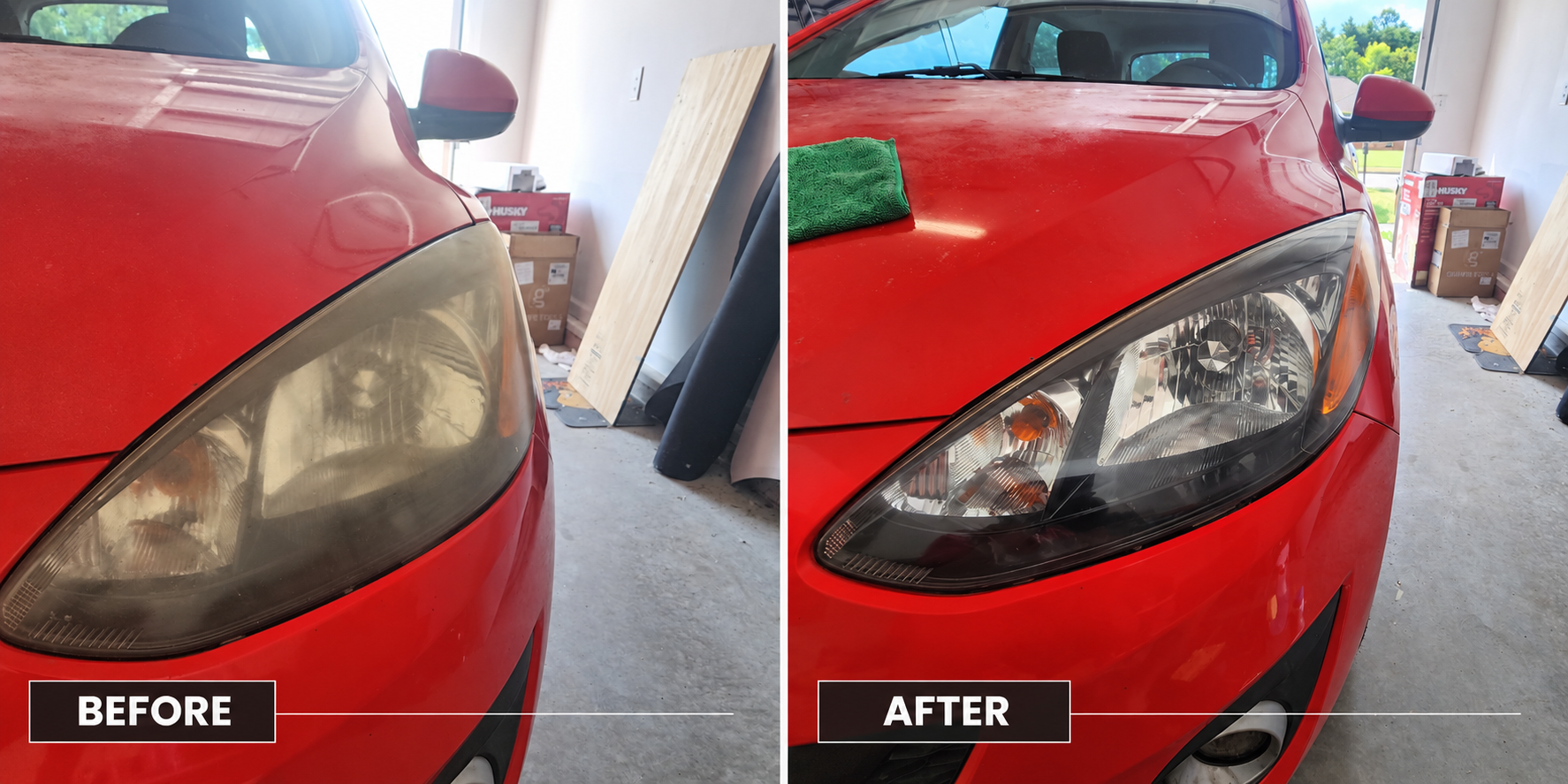 Before and after headlight restoration on a red car — hazy yellowed lens restored to crystal clear
