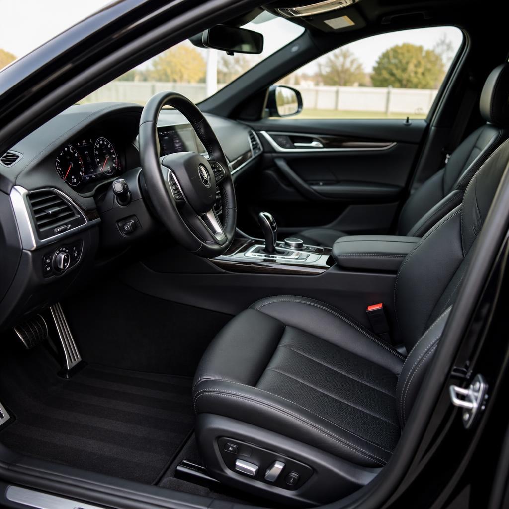 Freshly detailed luxury car interior with clean black leather seats and spotless dashboard